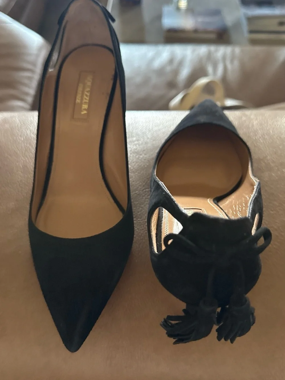 Aquazzura Black Suede Pointed Tassel Pumps